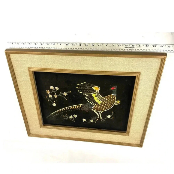 VTG Pheasant Bird Black Velvet Felt Beaded Rhinestones Art Wooden Frame MCM - Picture 14 of 16